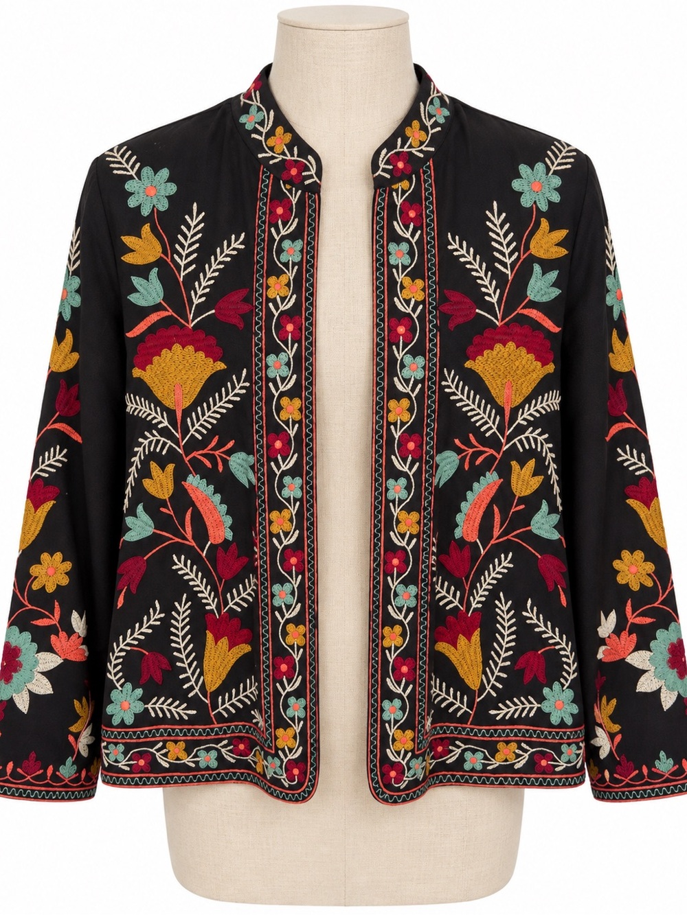 Embroidered Black Floral Open-Front Jacket